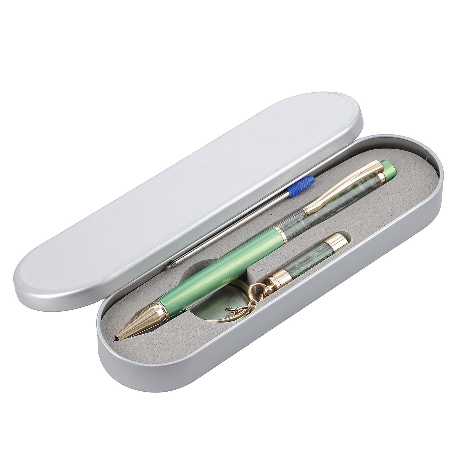 Chrome Diopside Gemstone Filled Colour Ball Pen with Keychain and Extra Refill