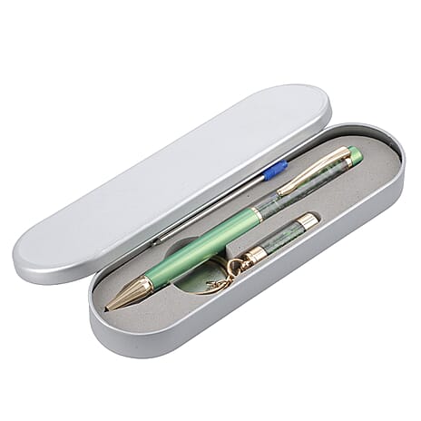 Chrome Diopside Gemstone Filled Colour Ball Pen with Keychain and Extra Refill
