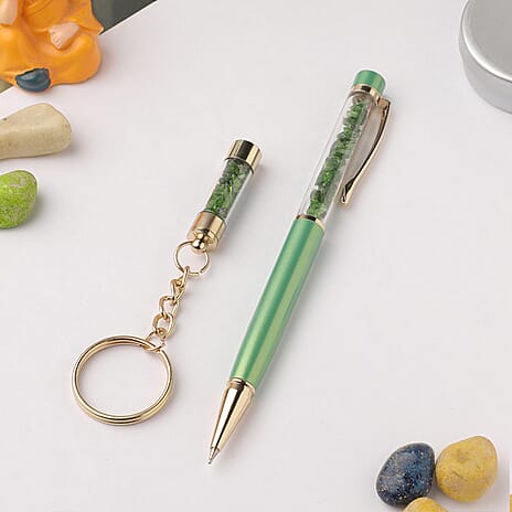 Chrome Diopside Gemstone Filled Colour Ball Pen with Keychain and Extra Refill