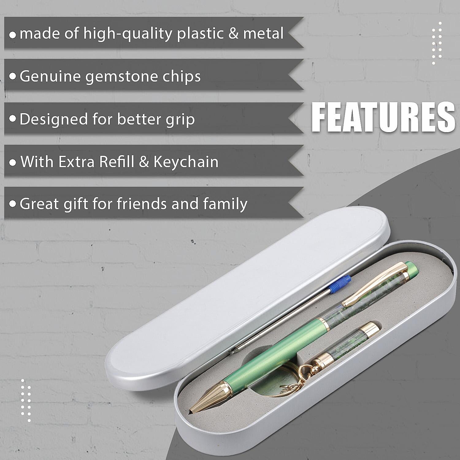 Chrome Diopside Gemstone Filled Colour Ball Pen with Keychain and Extra Refill