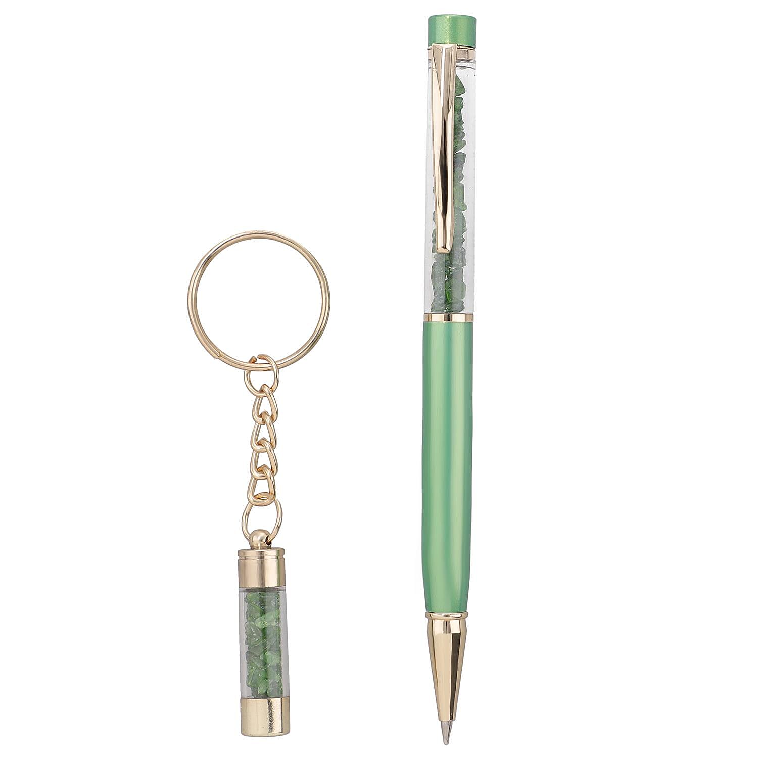 Chrome Diopside Gemstone Filled Colour Ball Pen with Keychain and Extra Refill