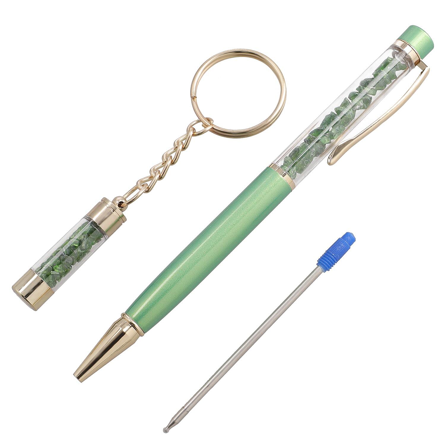 Chrome Diopside Gemstone Filled Colour Ball Pen with Keychain and Extra Refill