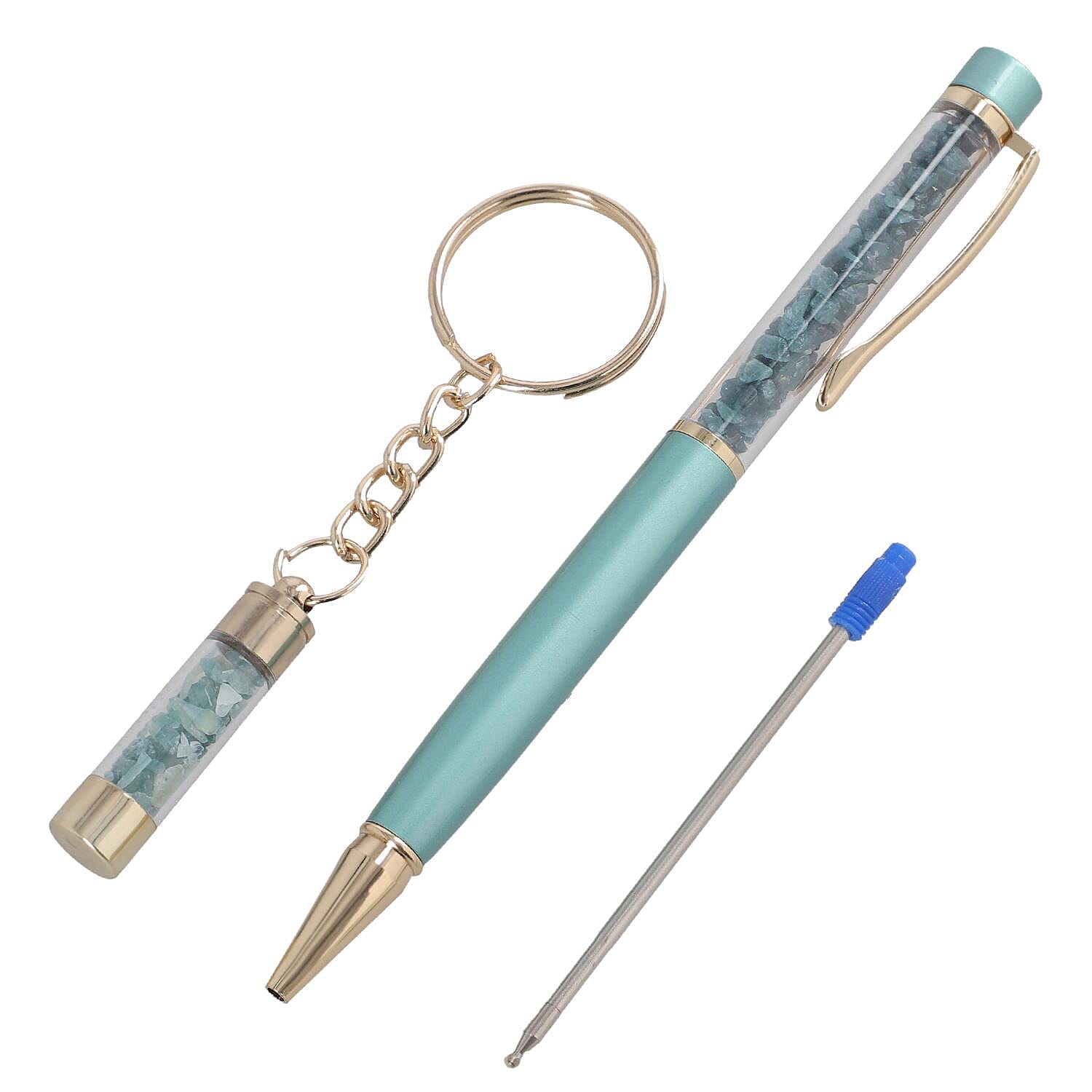 Grandidierite Gemstone Filled Colour Ball Pen with Keychain and Extra Refill