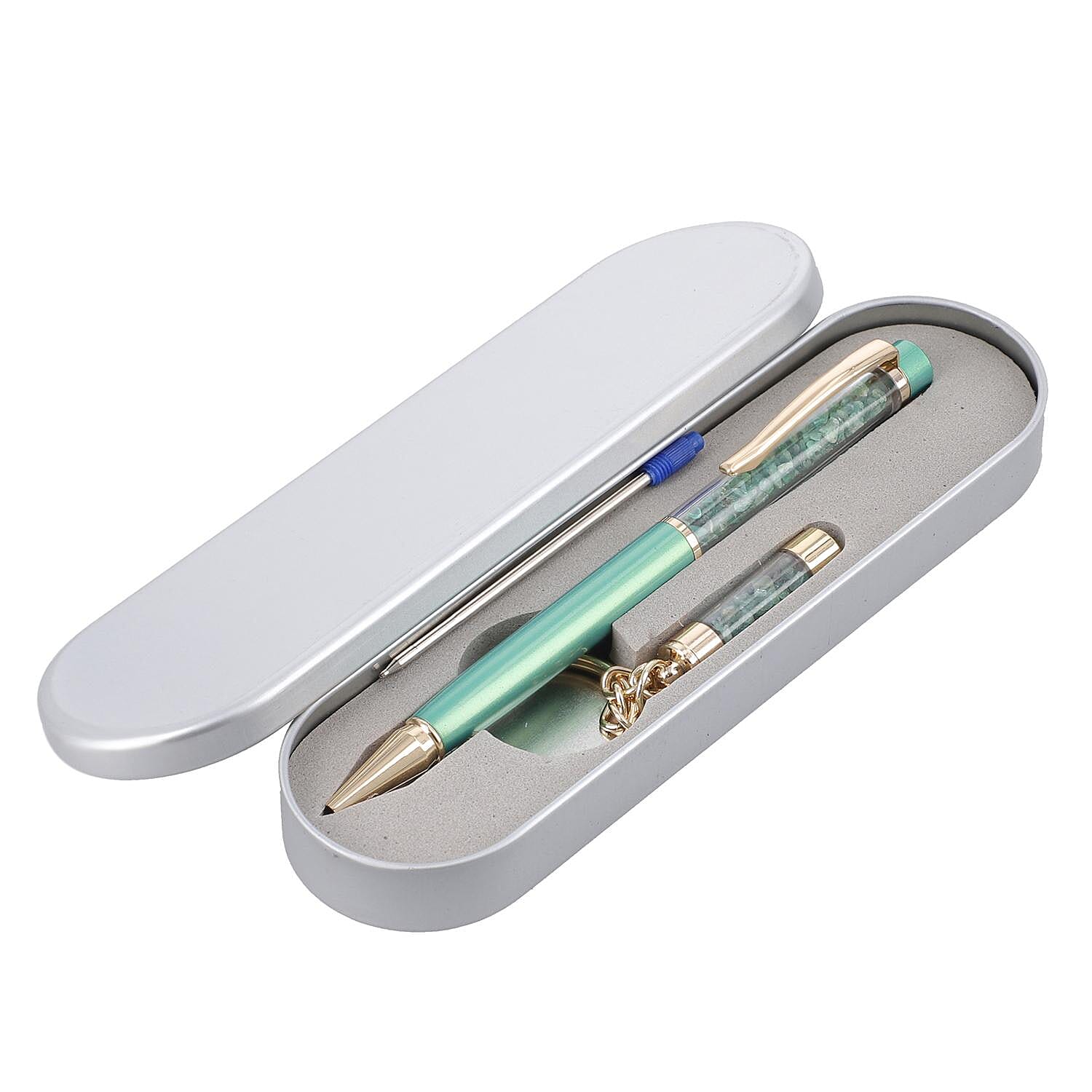 Emerald Gemstone Filled Colour Ball Pen with Keychain and Extra Refill