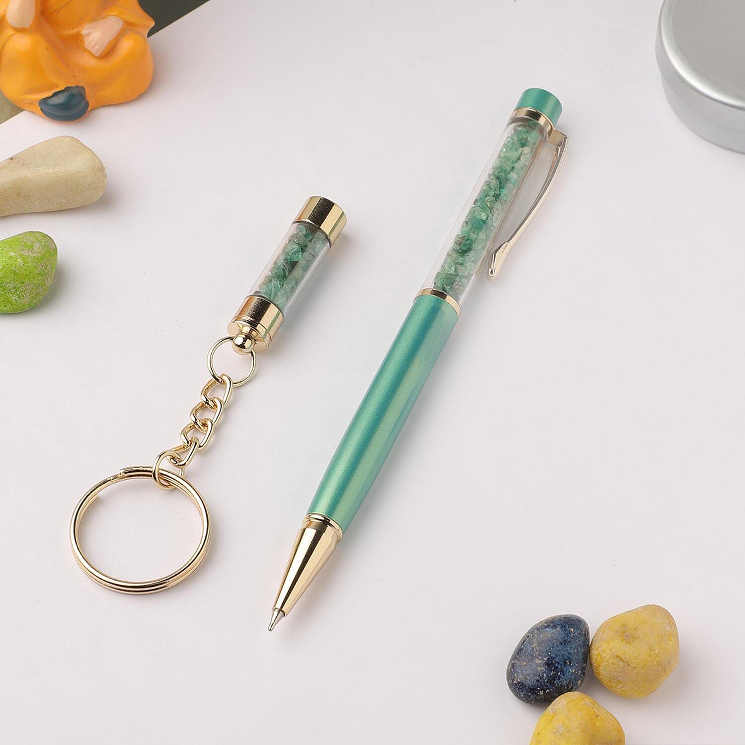 Emerald Gemstone Filled Colour Ball Pen with Keychain and Extra Refill
