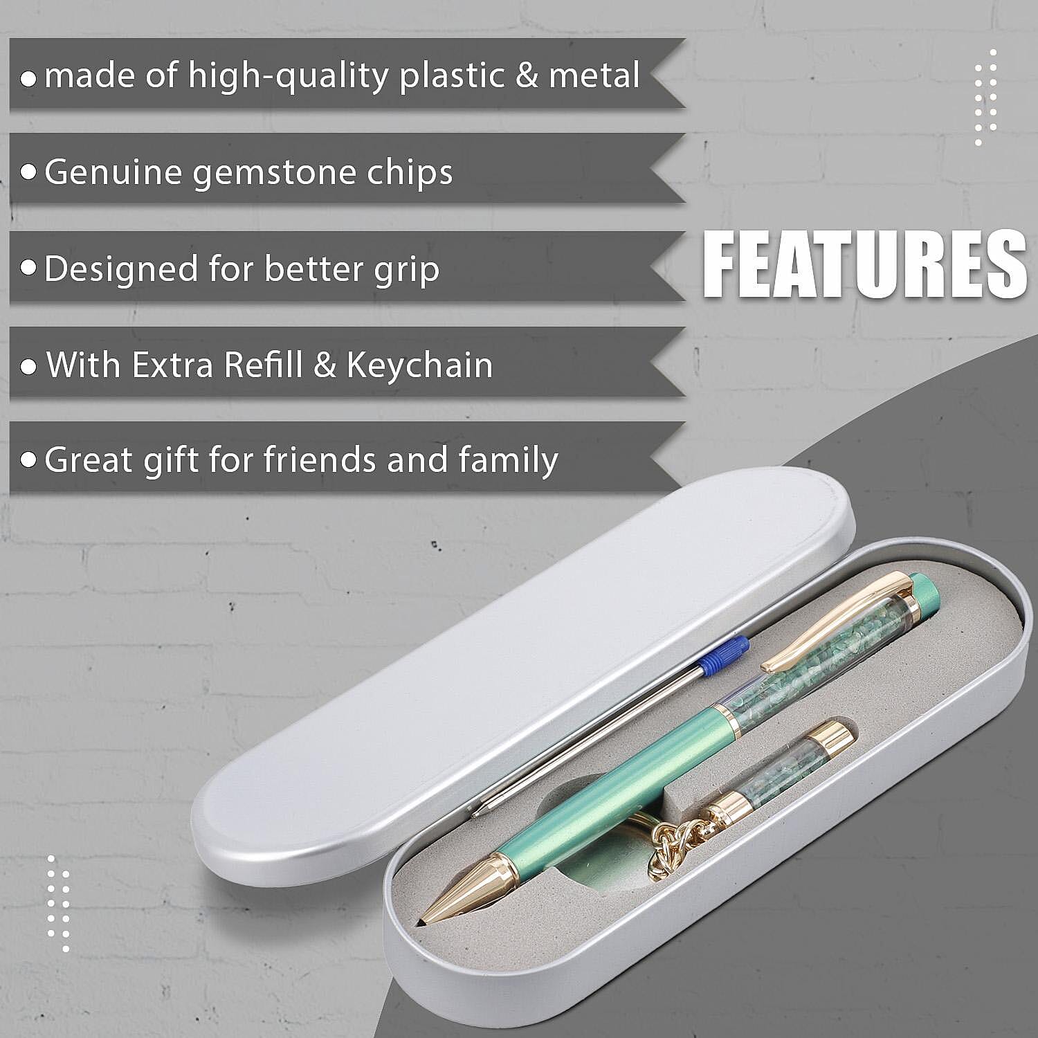 Emerald Gemstone Filled Colour Ball Pen with Keychain and Extra Refill