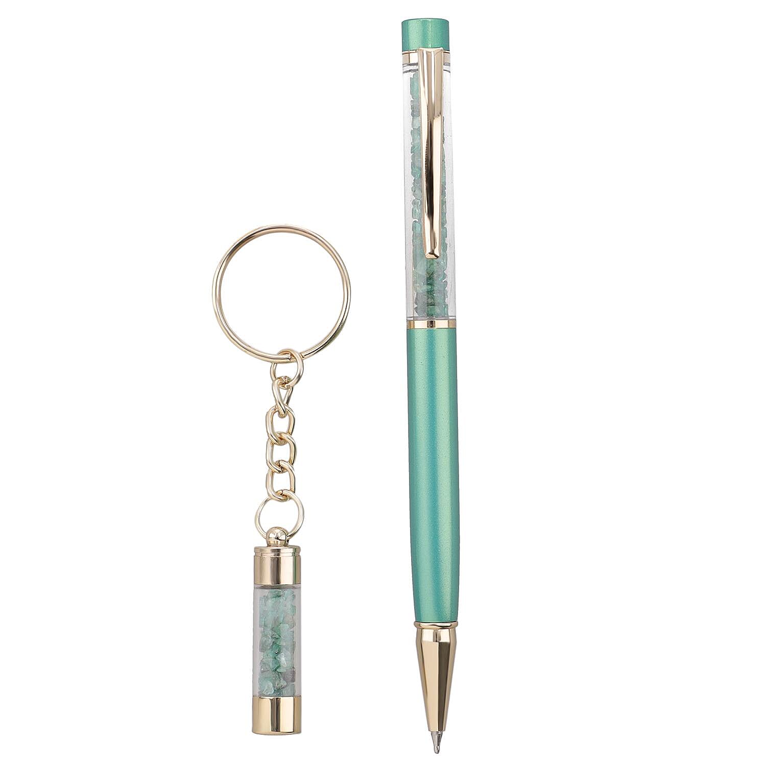 Emerald Gemstone Filled Colour Ball Pen with Keychain and Extra Refill