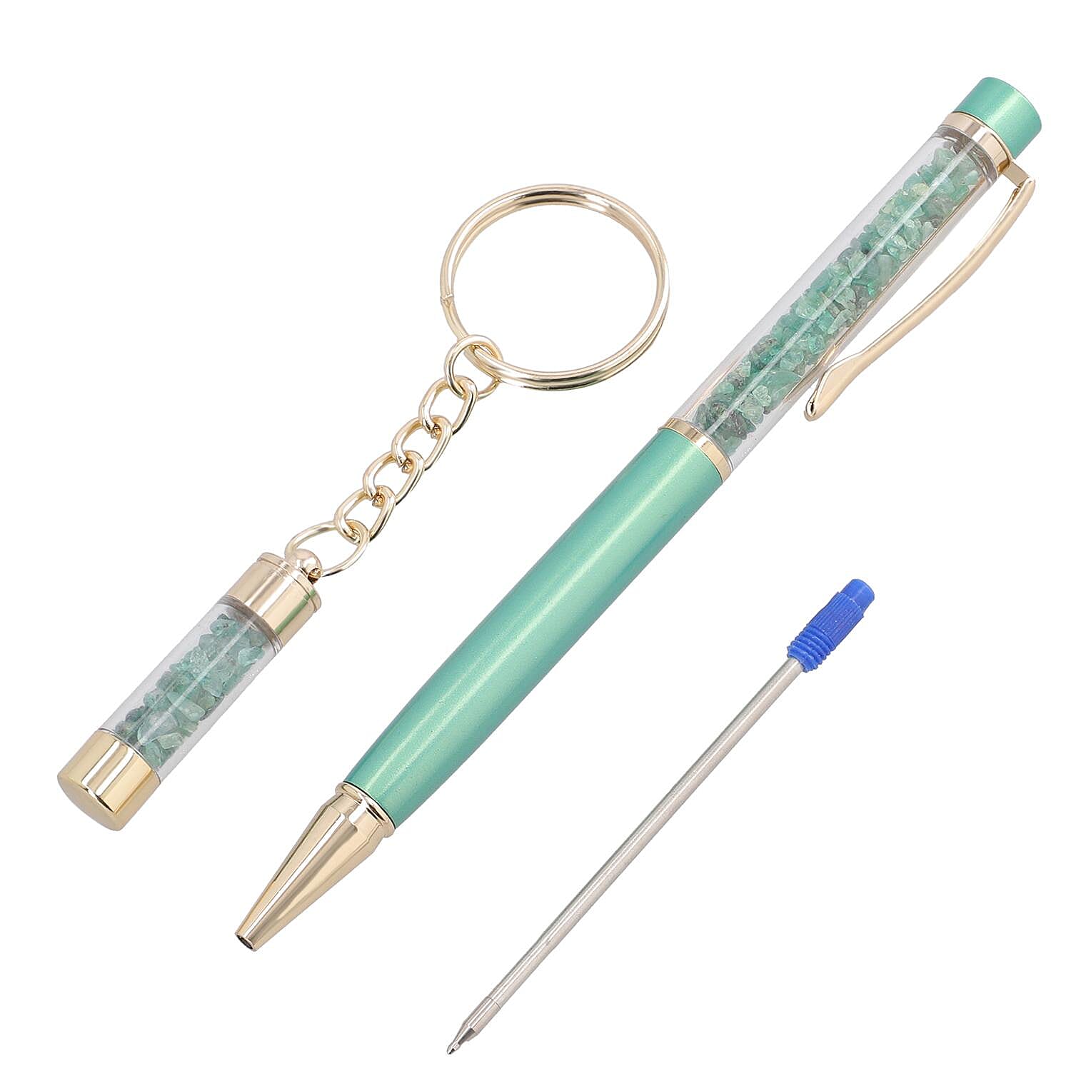 Emerald Gemstone Filled Colour Ball Pen with Keychain and Extra Refill