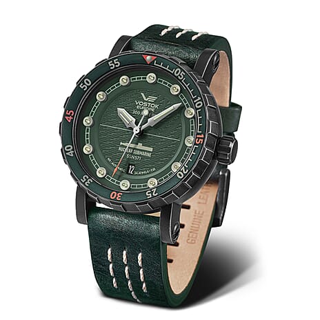 VOSTOK EUROPE Nuclear Submarine Automatic Movt. 30ATM WR Distressed Black PVD Mens Watch with Green Genuine Leather Strap