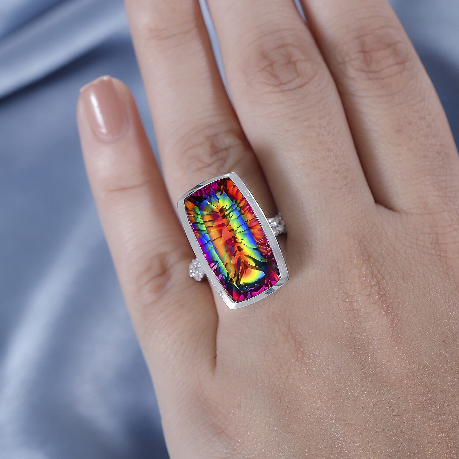 TJC Launch Nebula Quartz Doublet & White Zircon Ring in Rhodium Overlay Sterling Silver 17.011 Ct.