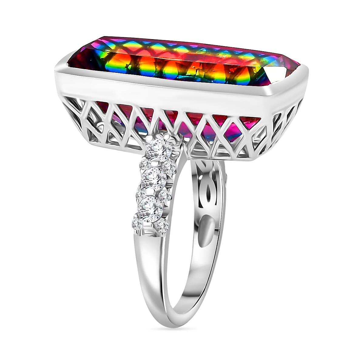 TJC Launch Nebula Quartz Doublet & White Zircon Ring in Rhodium Overlay Sterling Silver 17.011 Ct.