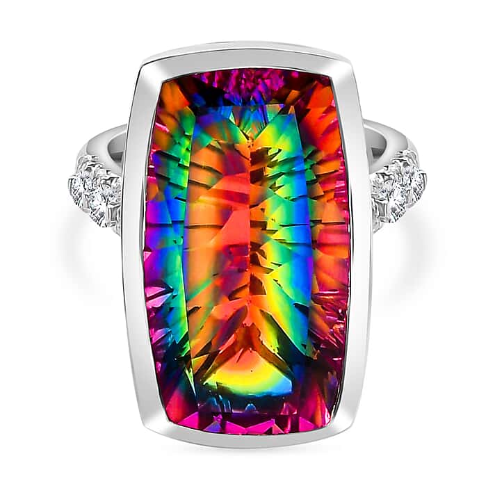 Nebula Quartz Doublet, White Zircon Elongated Ring in Rhodium Overlay Sterling Silver 17.01 Ct.
