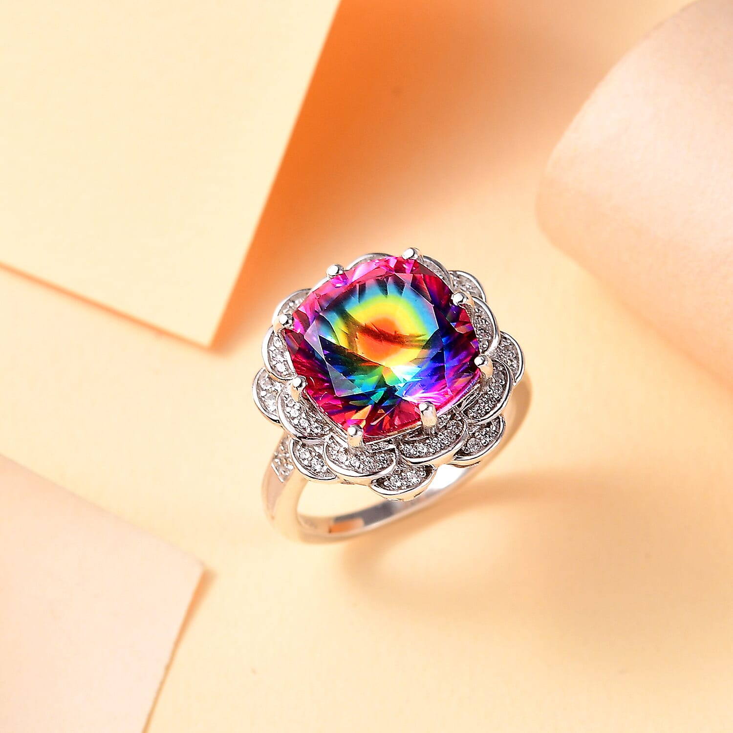 TJC Launch Nebula Quartz Doublet & White Zircon Ring in Rhodium Overlay Sterling Silver 7.43 Ct.