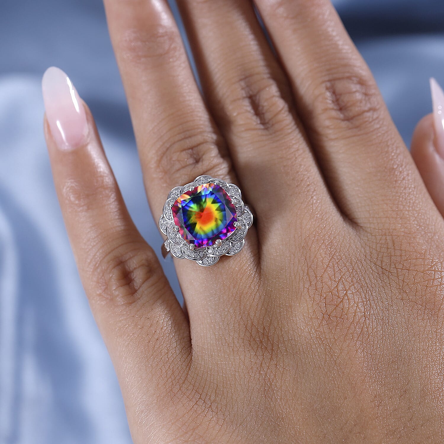 TJC Launch Nebula Quartz Doublet & White Zircon Ring in Rhodium Overlay Sterling Silver 7.43 Ct.