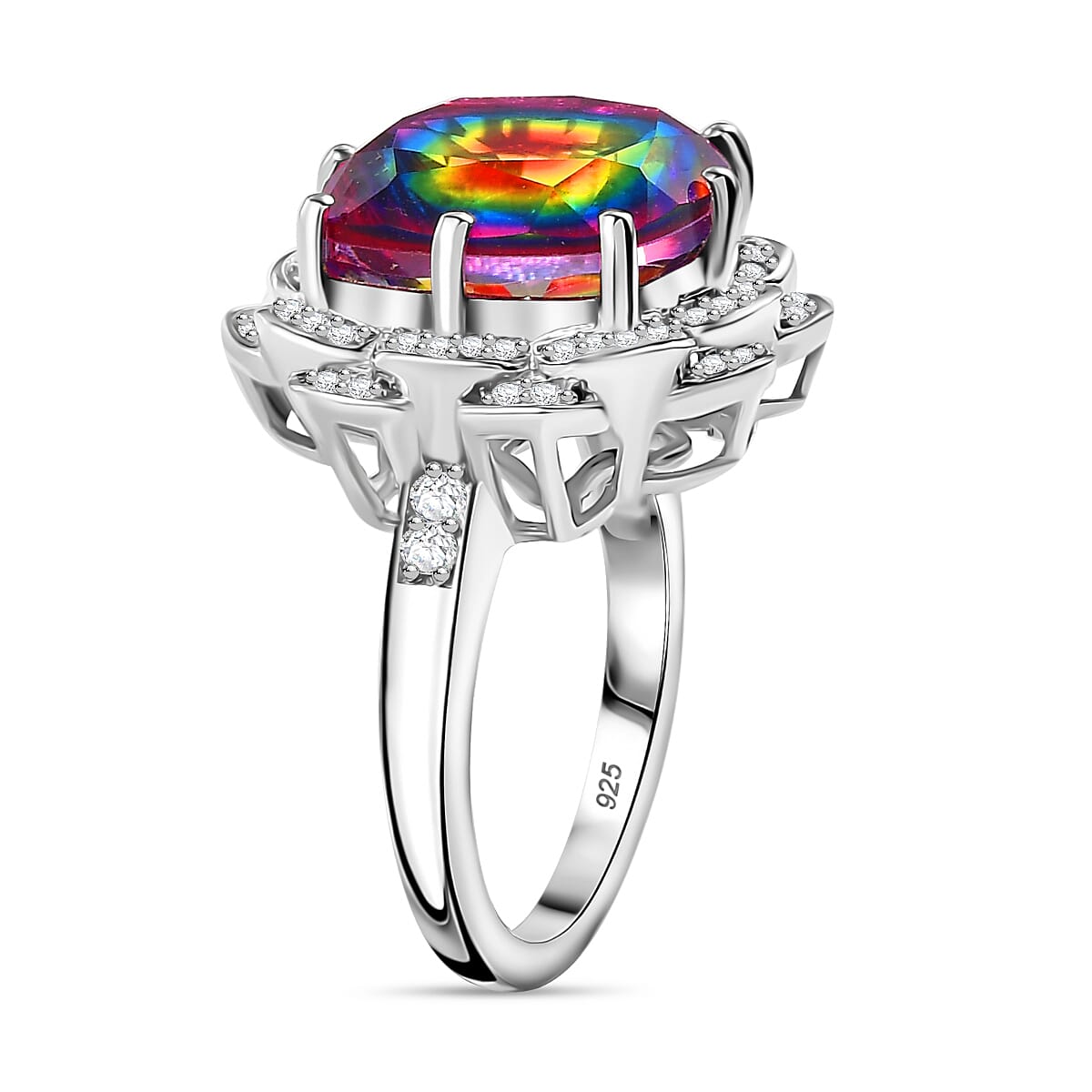 TJC Launch Nebula Quartz Doublet & White Zircon Ring in Rhodium Overlay Sterling Silver 7.43 Ct.