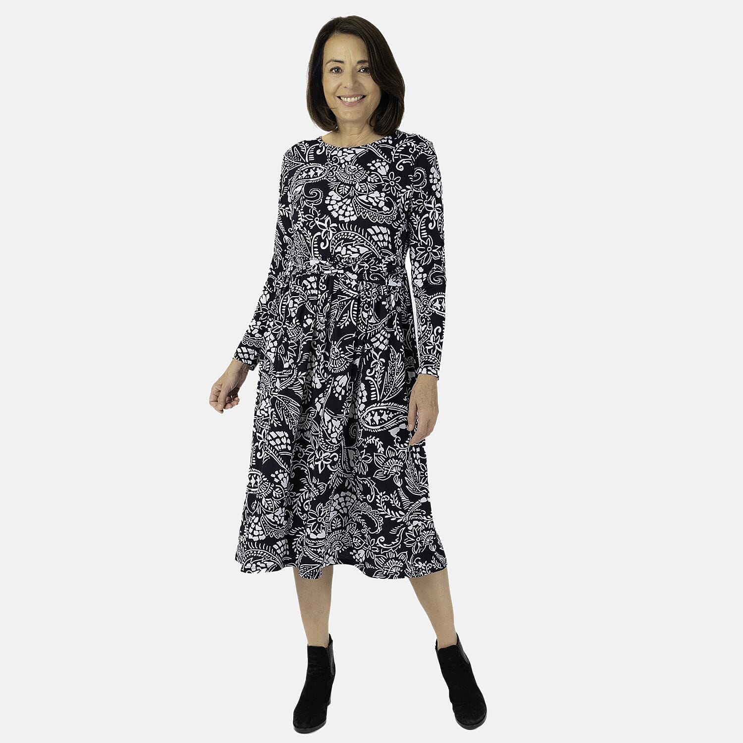 Emily Printed Knitted Midi Dress (Size 12) - Navy