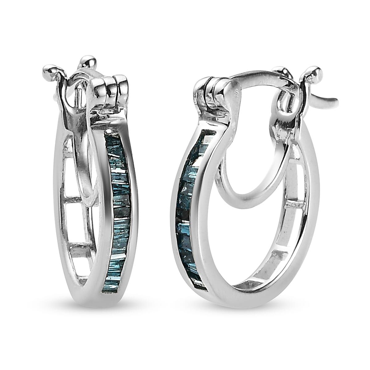 Blue Diamond Half Hoop Earrings (with Clasp) in Platinum Overlay Sterling Silver 0.25 Ct.