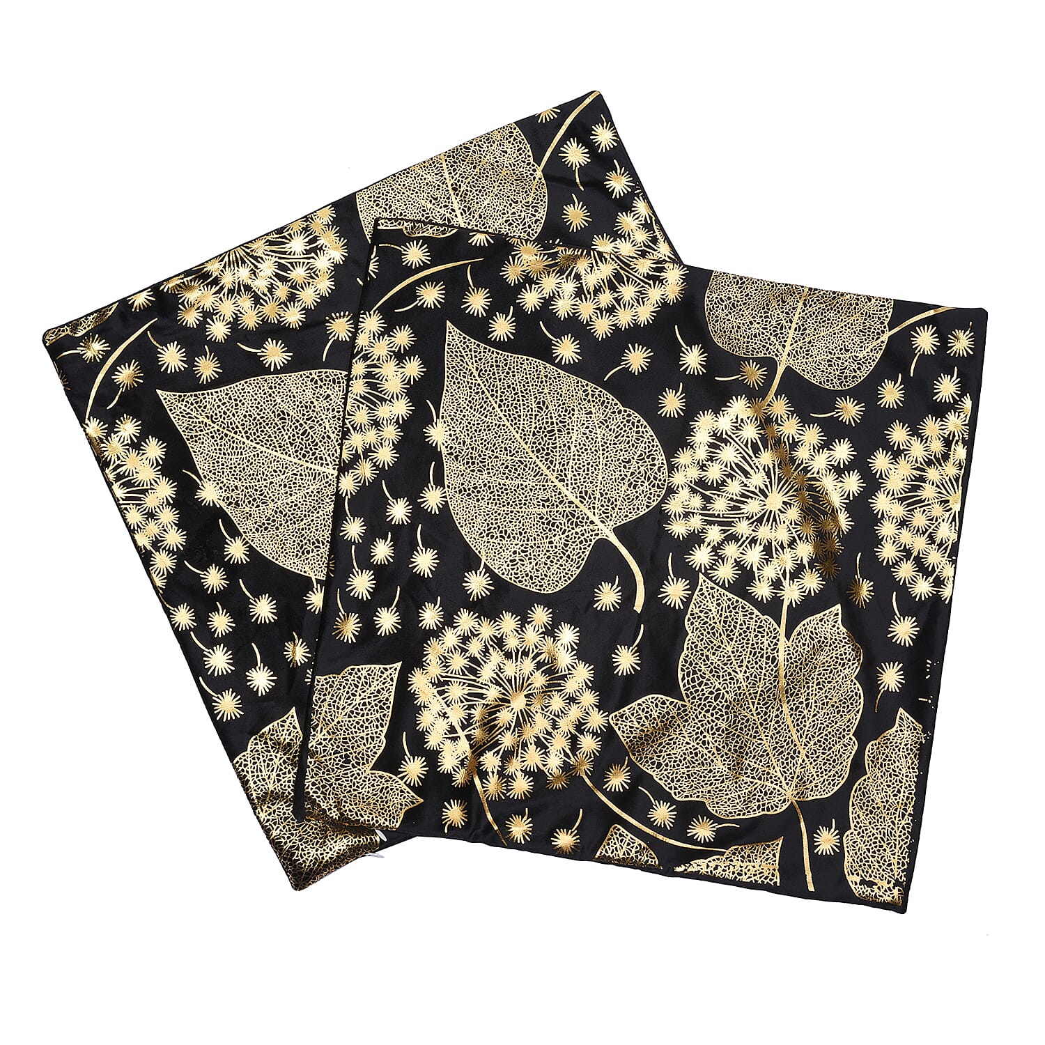 Set of 2 - Leaf Pattern Velvet Cushion Cover (Size 45 Cm) - Black & Gold