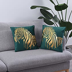 Set of 2 - Giraffe Pattern Velvet Cushion Cover (Size 45 Cm) - Green & Gold