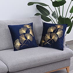 Set of 2 - Ginkgo Leaves Pattern Velvet Cushion Cover (Size 45 Cm) - Navy & Gold