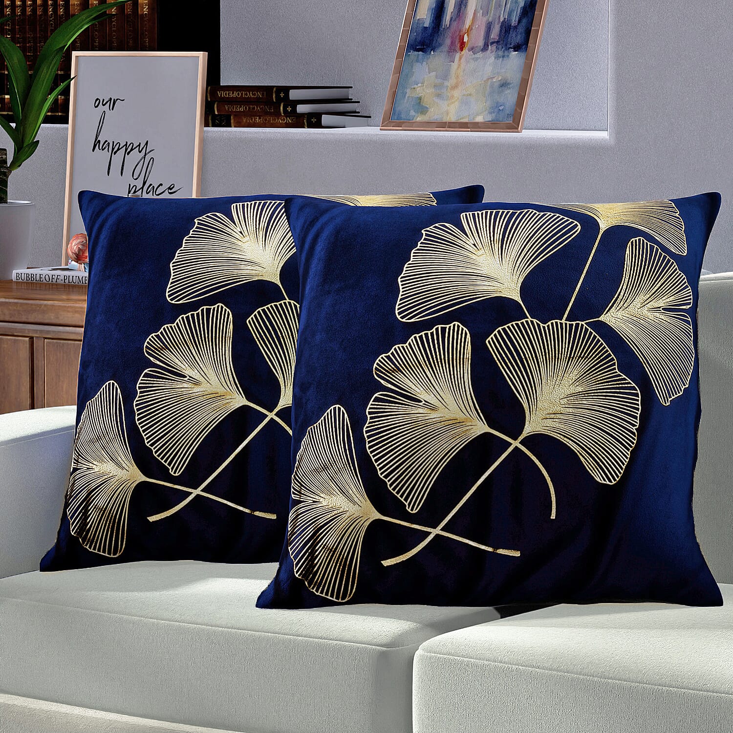 Set of 2 - Ginkgo Leaves Pattern Velvet Cushion Cover (Size 45 Cm) - Navy & Gold