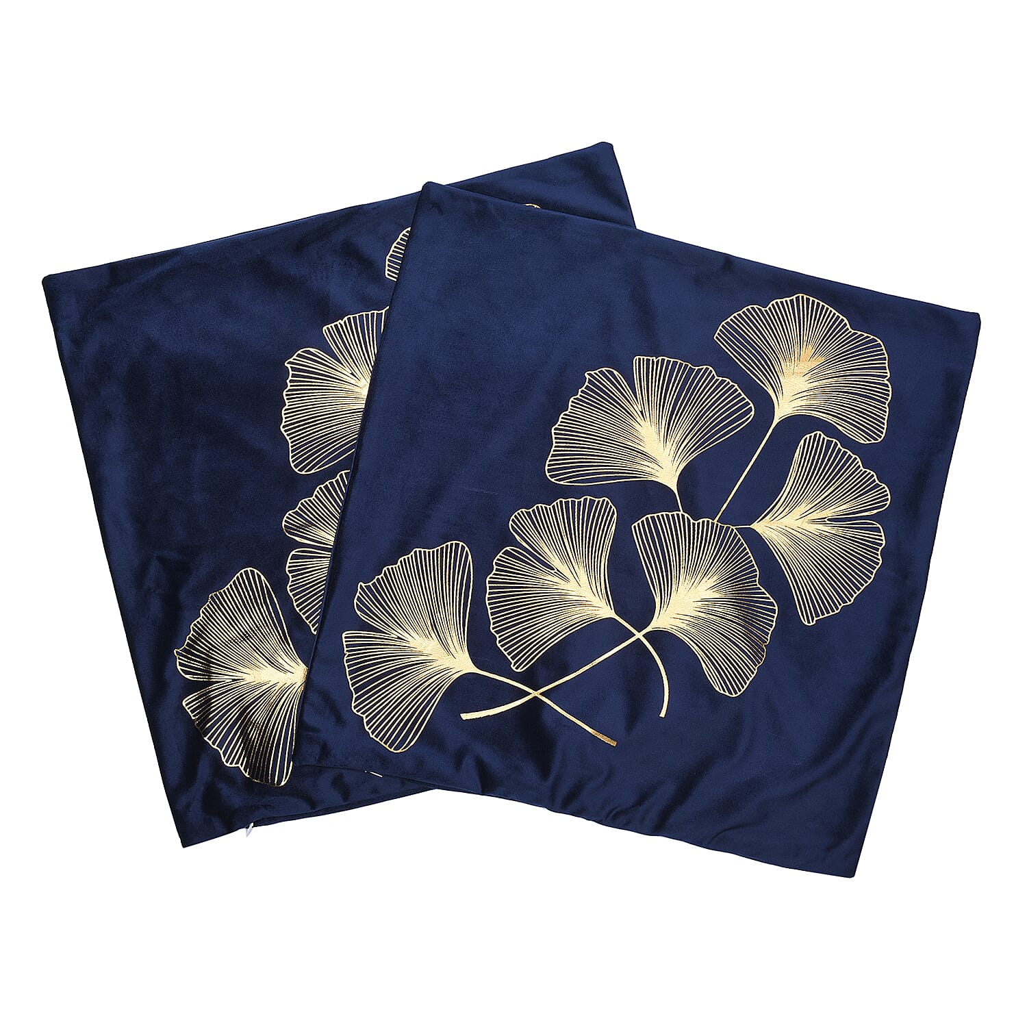 Set of 2 - Ginkgo Leaves Pattern Velvet Cushion Cover (Size 45 Cm) - Navy & Gold