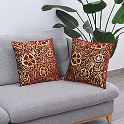 Set of 2 - Flower Pattern Velvet Cushion Cover (Size 45 Cm) - Maroon & Gold
