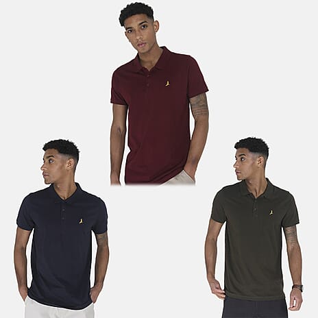 Brave Soul Mens 3 Pack 100% Cotton Short Sleeve Polo (Size L) - Navy, Khaki - Wine