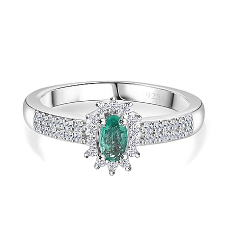 Colombian Emerald ,  White Zircon  Main Stone With Side Stone Ring in rhodium Sterling Silver