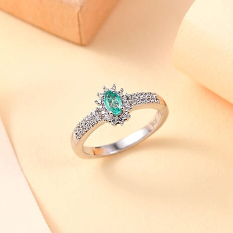 Colombian Emerald & White Zircon Ring in Rhodium Overlay Sterling Silver
