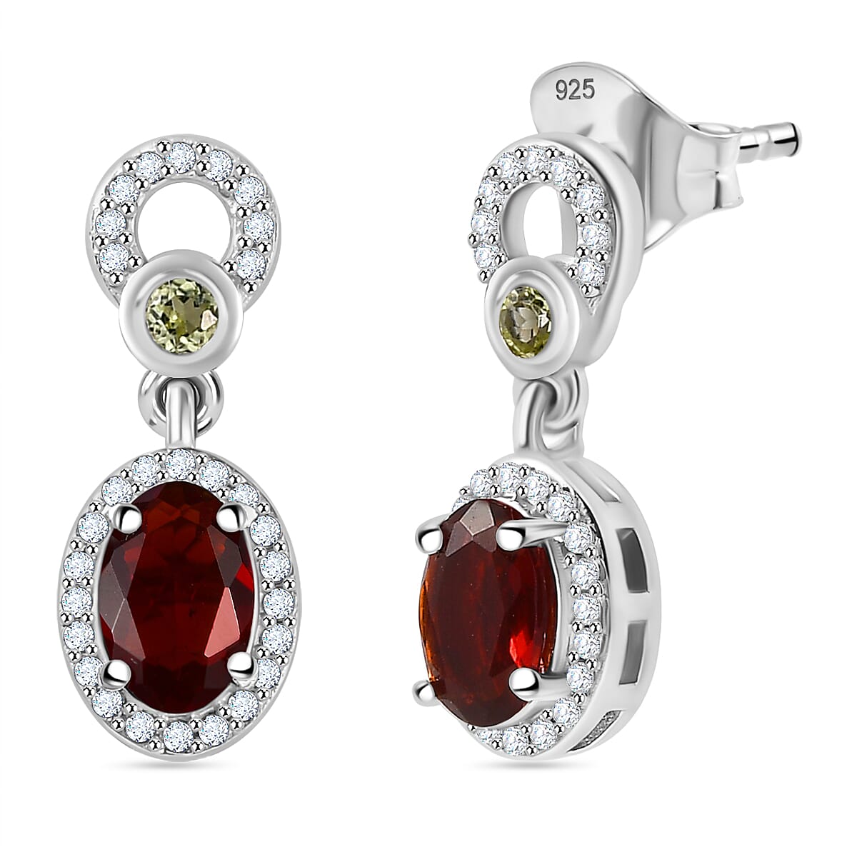 Salamanca Fire Opal, Peridot & White Zircon Dangling Earring in Rhodium Overlay Sterling Silver 1.90 ct