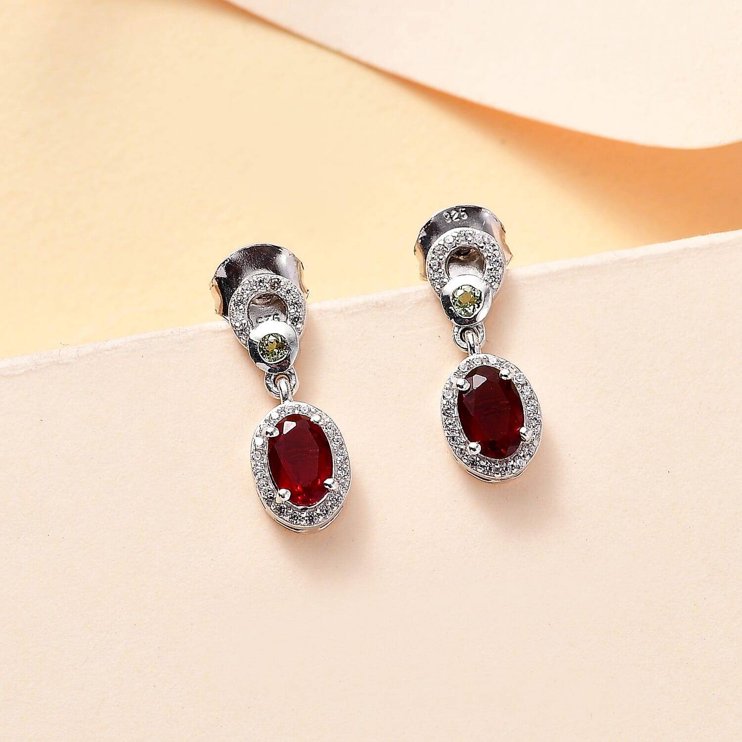 Salamanca Fire Opal, Peridot & White Zircon Dangling Earring in Rhodium Overlay Sterling Silver 1.90 ct