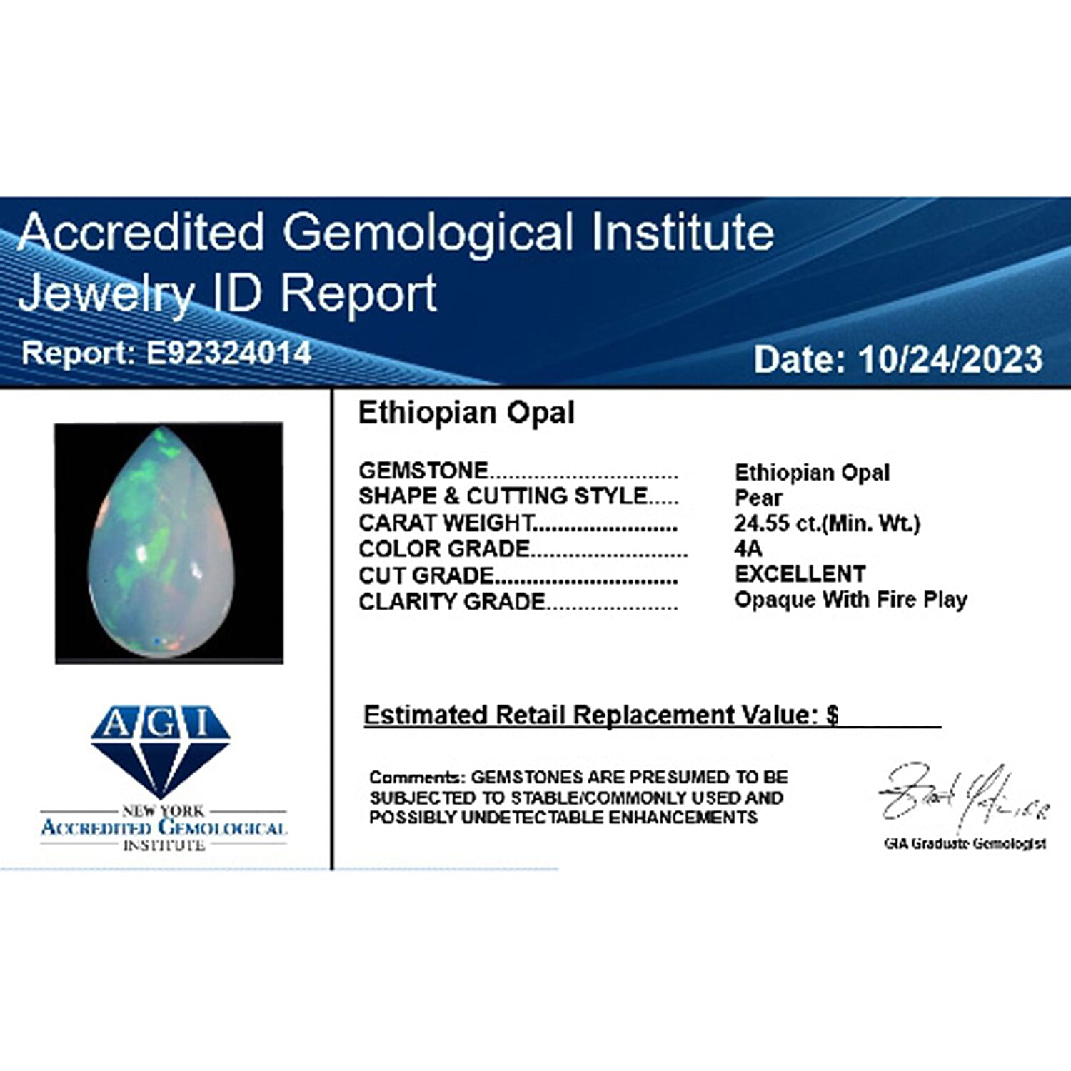 Ethiopian Opal Pear Size Varies