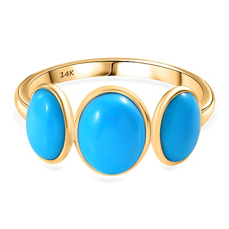 JCK Vegas Close Out - 14K Yellow Gold AAA Arizona Sleeping Beauty Turquoise Trilogy Ring 3.98 Ct.