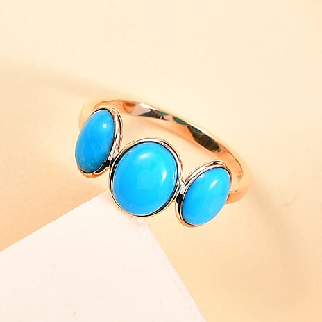 JCK Vegas Close Out - 14K Yellow Gold AAA Arizona Sleeping Beauty Turquoise Trilogy Ring 3.98 Ct.