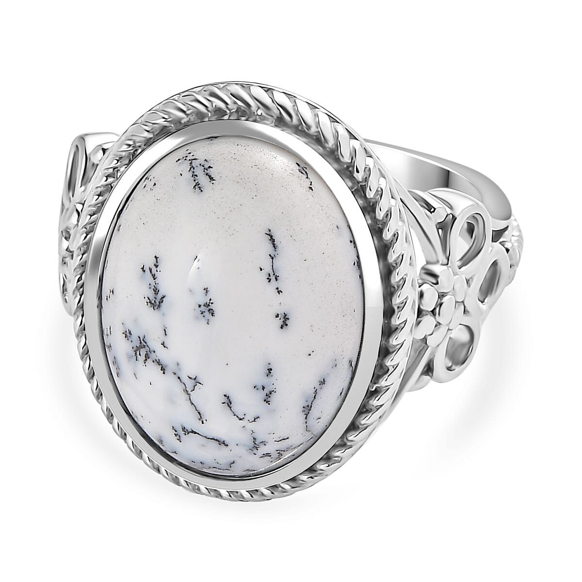 Dendritic Agate Solitaire Ring in Silver Tone 8.61 Ct.