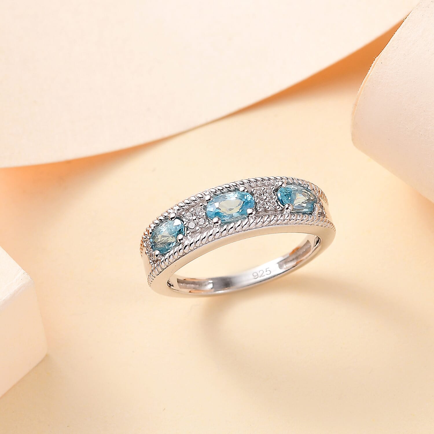 White Zircon & Blue Zircon Ring in Platinum Overlay Sterling Silver 1.29 ct White Zircon & Blue Zircon Ring in Platinum Overlay Sterling Silver 1.29 ct