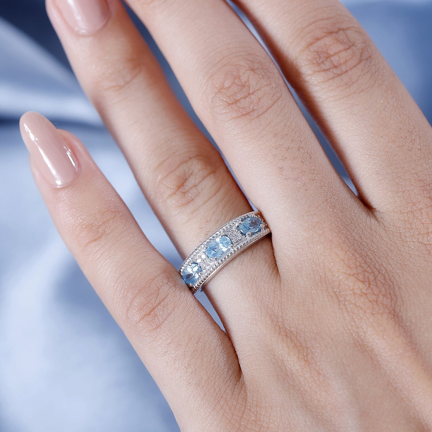 White Zircon & Blue Zircon Ring in Platinum Overlay Sterling Silver 1.29 ct White Zircon & Blue Zircon Ring in Platinum Overlay Sterling Silver 1.29 ct
