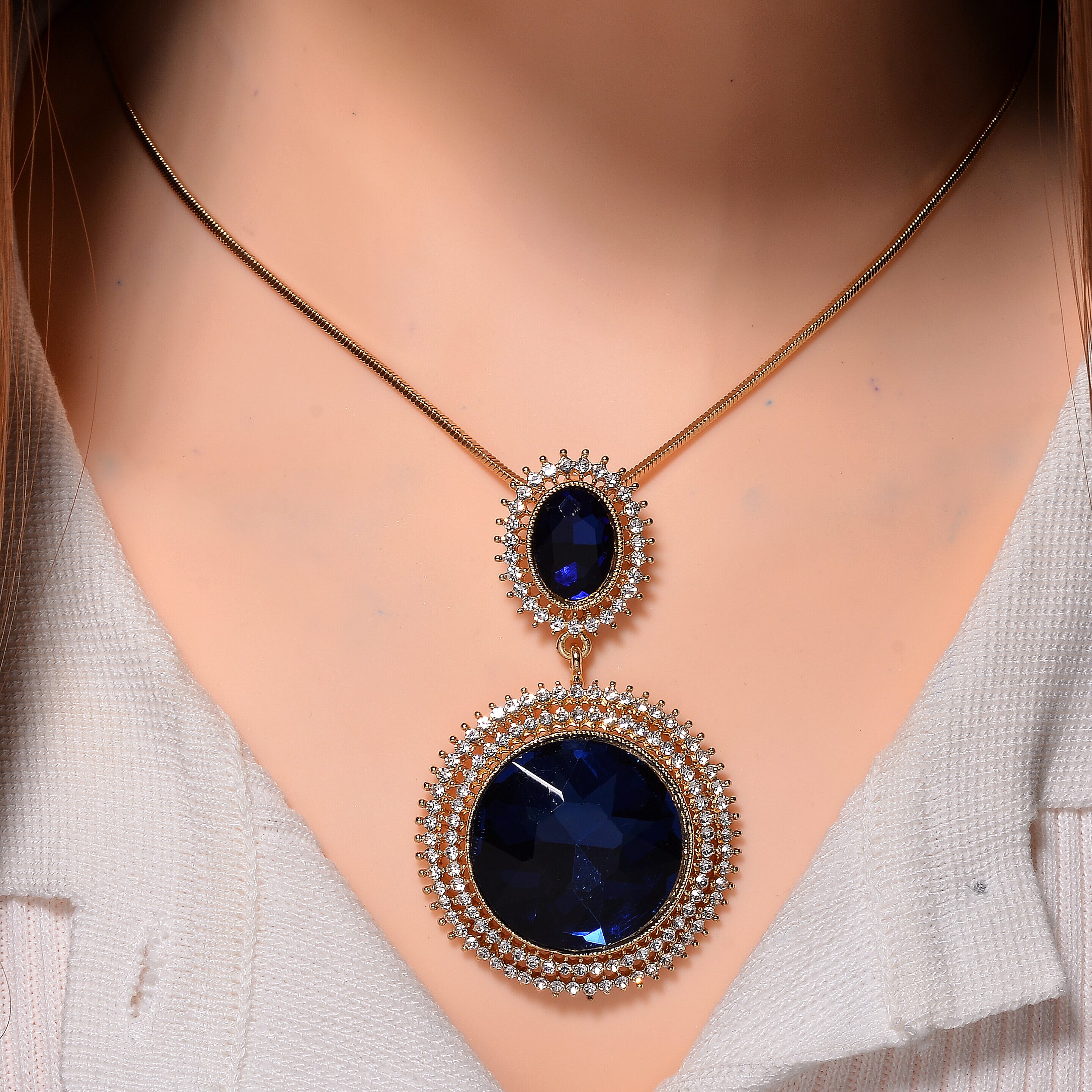 White Crystal & Blue Crystal Necklace (Size - 29.5-2 Ext)