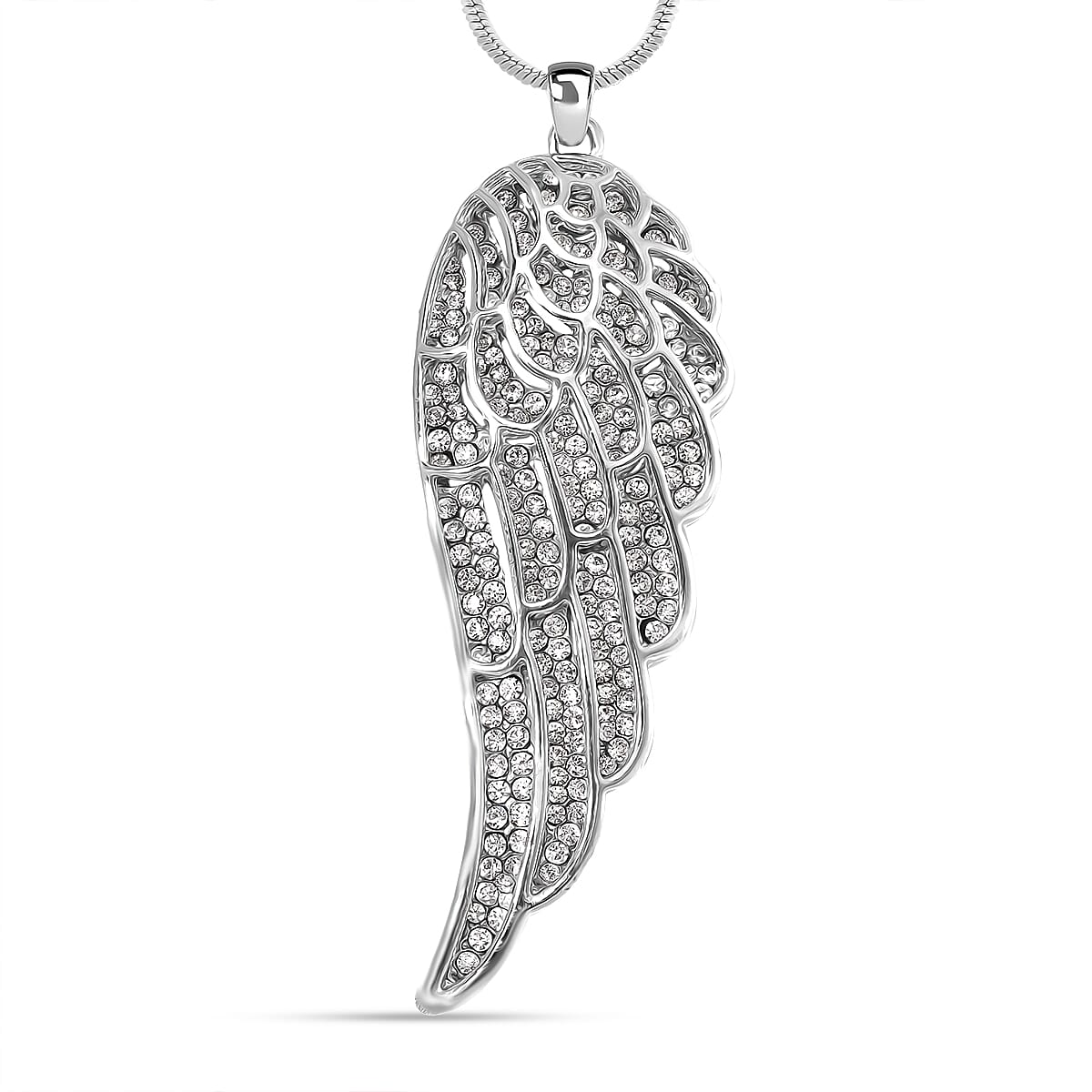 White Crystal Feather Pendant With Chain (Size - 29.5-2 Ext) in Silver Tone