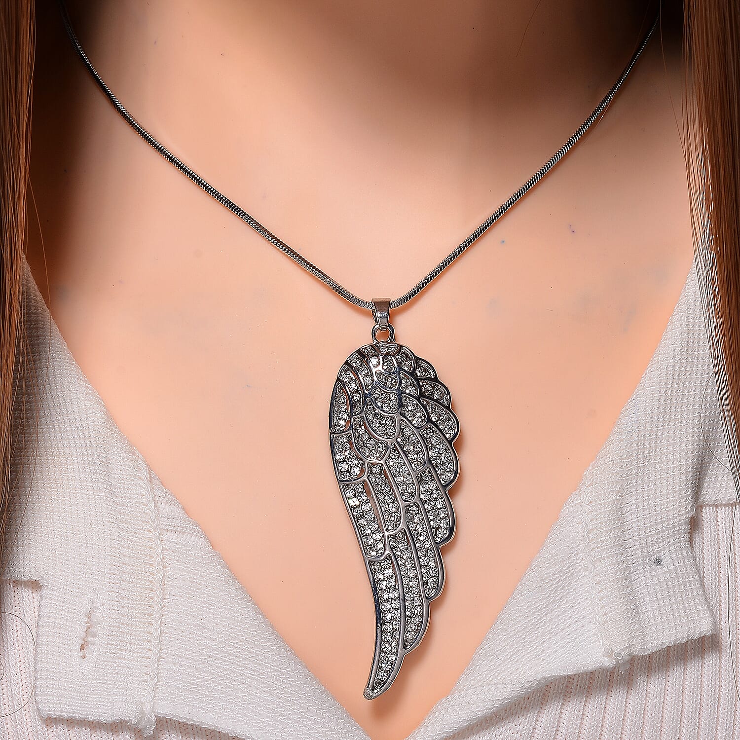 White Crystal Feather Pendant With Chain (Size - 29.5-2 Ext) in Silver Tone