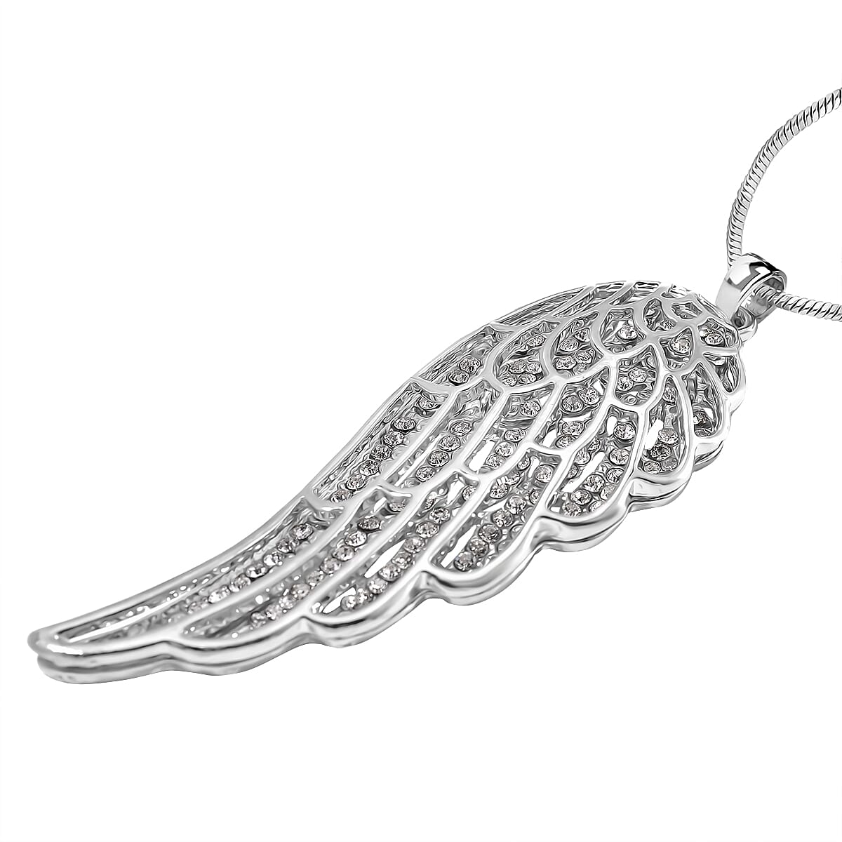 White Crystal Feather Pendant With Chain (Size - 29.5-2 Ext) in Silver Tone