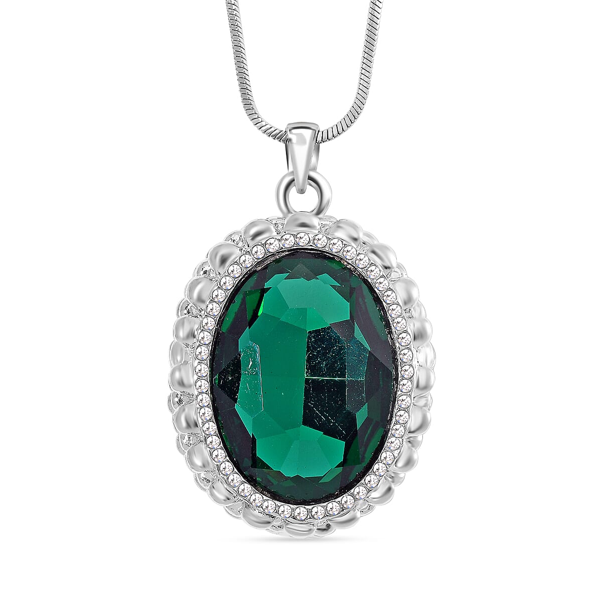 White Crystal & Neon Green Crystal Pendant With Chain (Size - 29.5-2 Ext) in Silver Tone