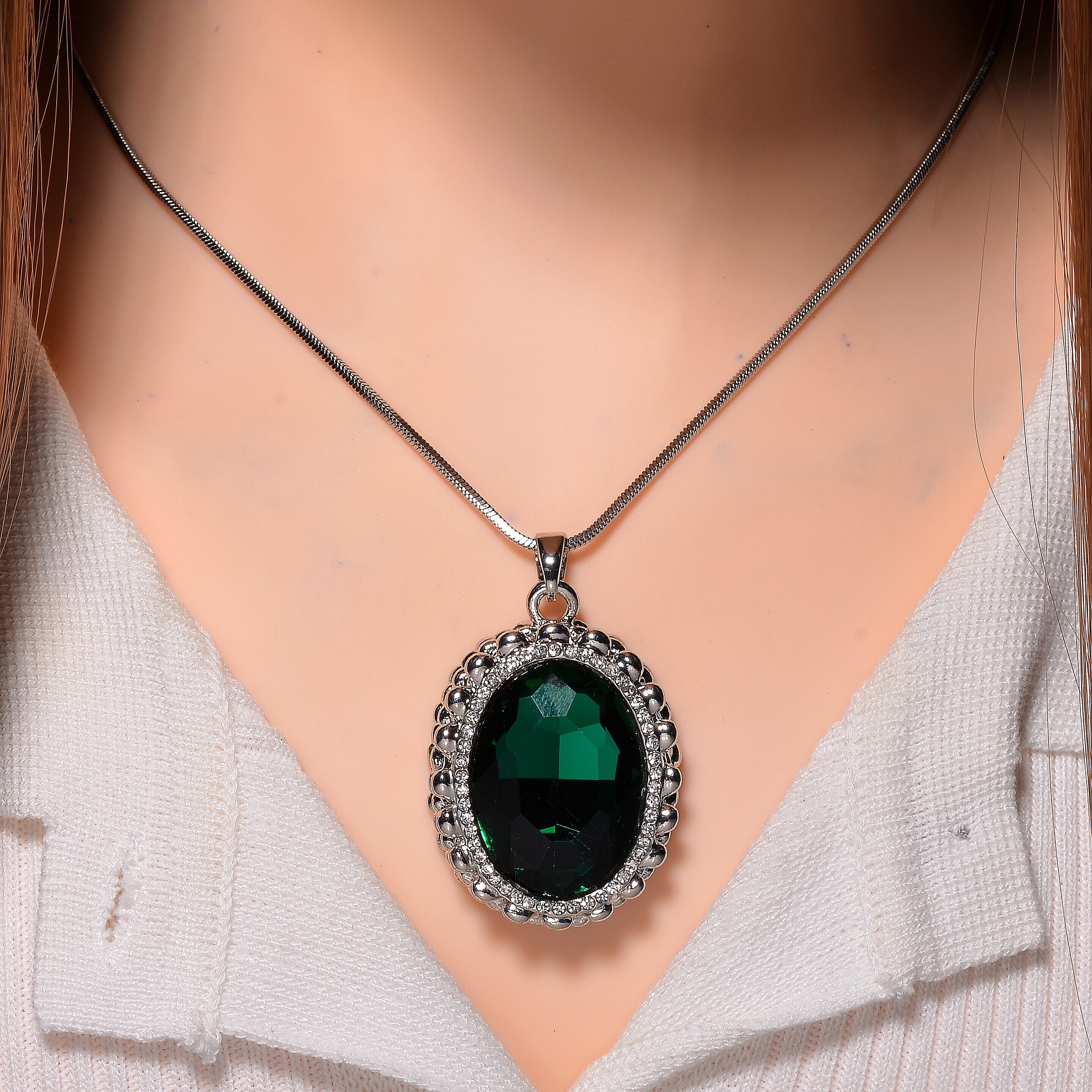 White Crystal & Neon Green Crystal Pendant With Chain (Size - 29.5-2 Ext) in Silver Tone