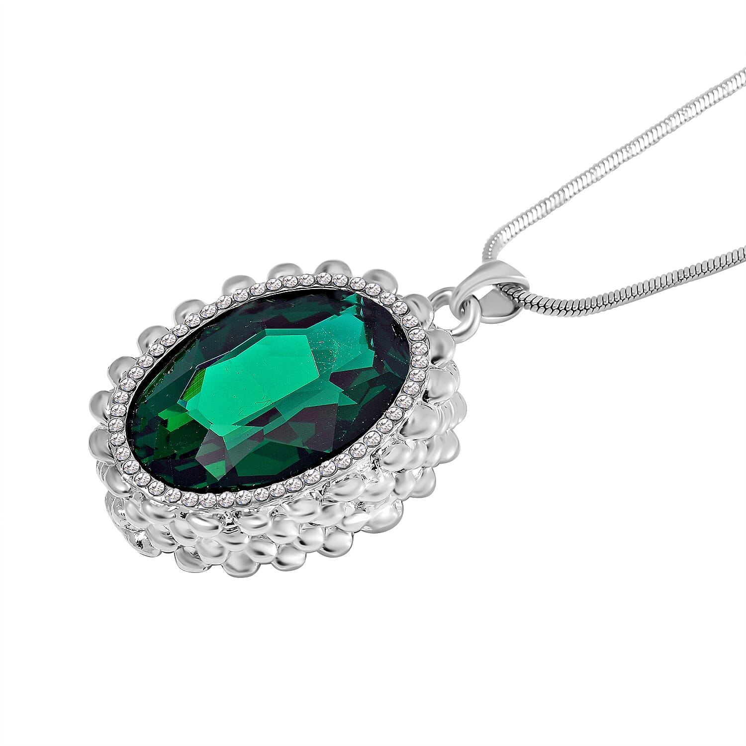 White Crystal & Neon Green Crystal Pendant With Chain (Size - 29.5-2 Ext) in Silver Tone