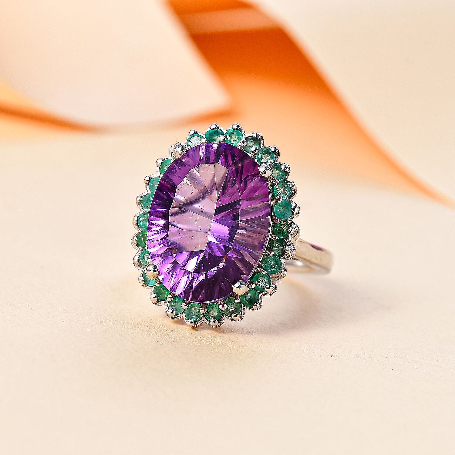 Concave Cut  Zambian Amethyst & Zambian Emerald Ring in Rhodium Overlay Sterling Silver 9.41 Ct.