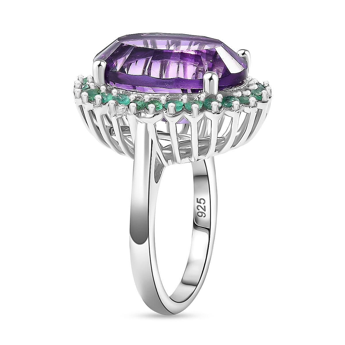 Concave Cut  Zambian Amethyst & Zambian Emerald Ring in Rhodium Overlay Sterling Silver 9.41 Ct.