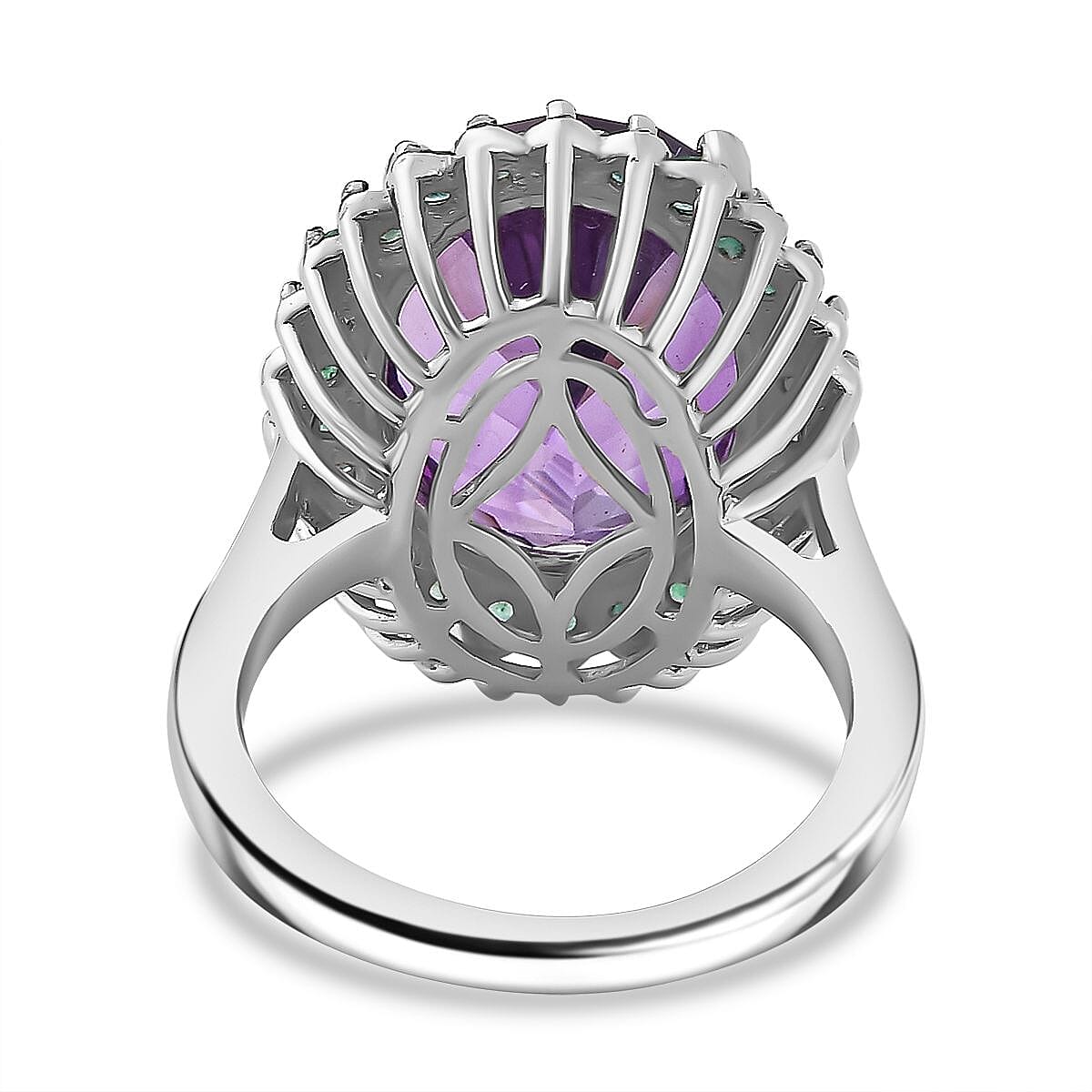 Concave Cut  Zambian Amethyst & Zambian Emerald Ring in Rhodium Overlay Sterling Silver 9.41 Ct.