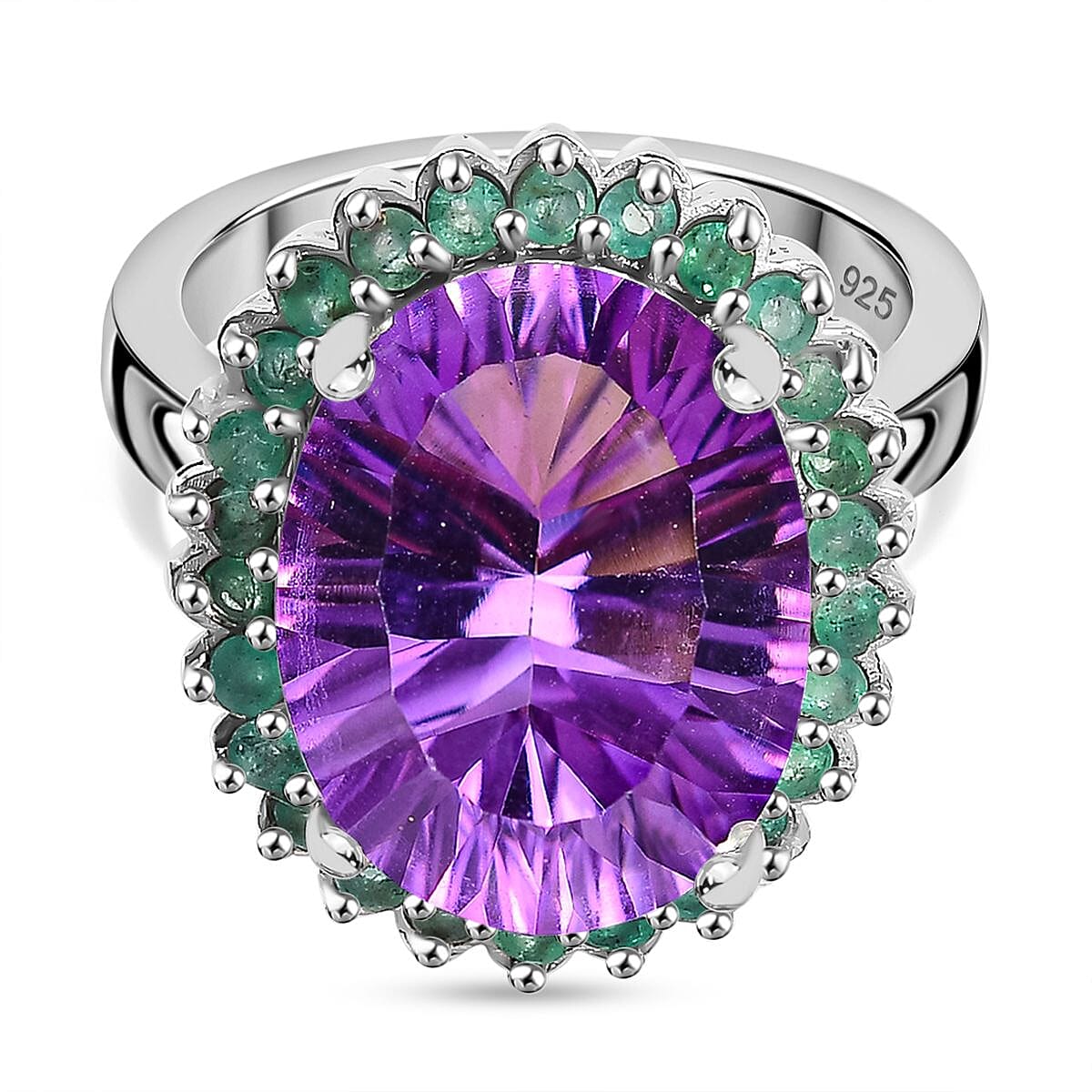 Concave Cut  Zambian Amethyst & Zambian Emerald Ring in Rhodium Overlay Sterling Silver 9.41 Ct.