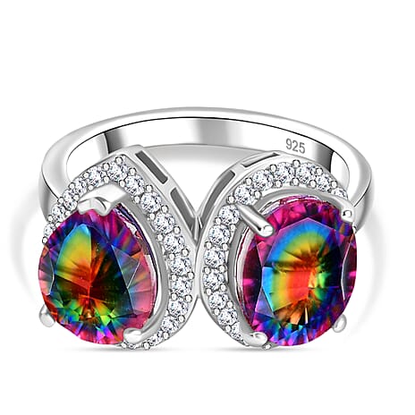 Nebula Quartz Doublet & White Zircon Ring in Rhodium Overlay Sterling Silver 4.37 Ct.